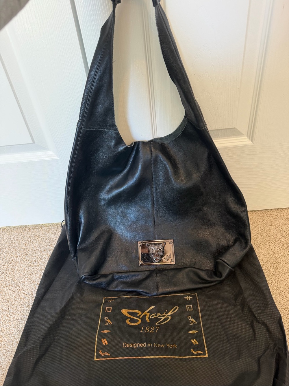Original by Sharif 1827 Black Leather Hobo Bag W/ Panther Plaque & Pouch